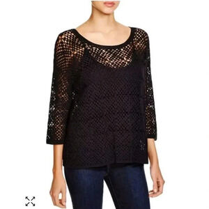 Joie Eva Sheer Crochet Top Black Women's Size Small 3/4th Sleeve